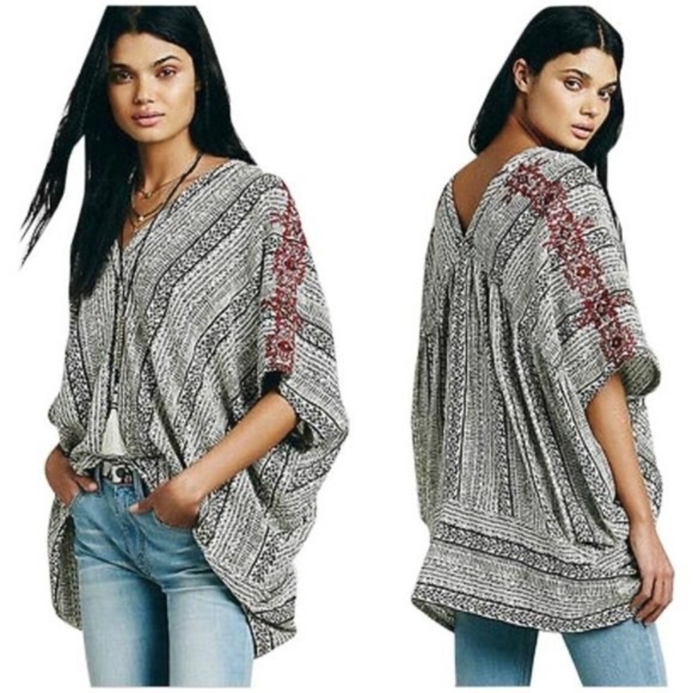 Free People Grey Tribal Print Poncho Top Red Embroidered Sequin Oversized Small